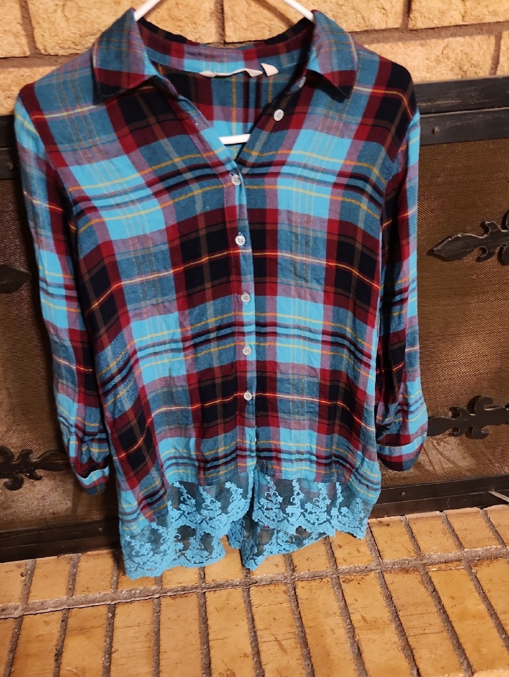 Soft Surroundings Blue and Burgundy Plaid Button-Down Shirt with Lace Hem
